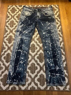 Rock Revival Men’s Paint-Splatter Jeans — Dark Indigo with White Splatter